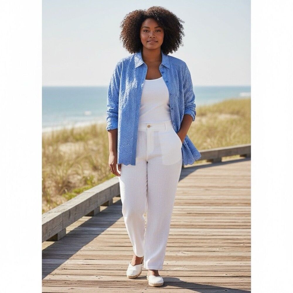 Talbots Eyelet Top  24W Blue Preppy Coastal Button Front Shirt